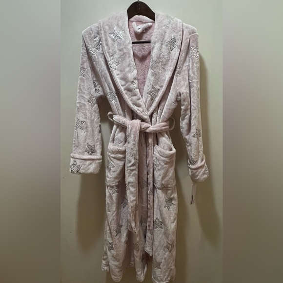 Long pink Plush Robe metallic silver stars small NWT - Picture 2 of 9